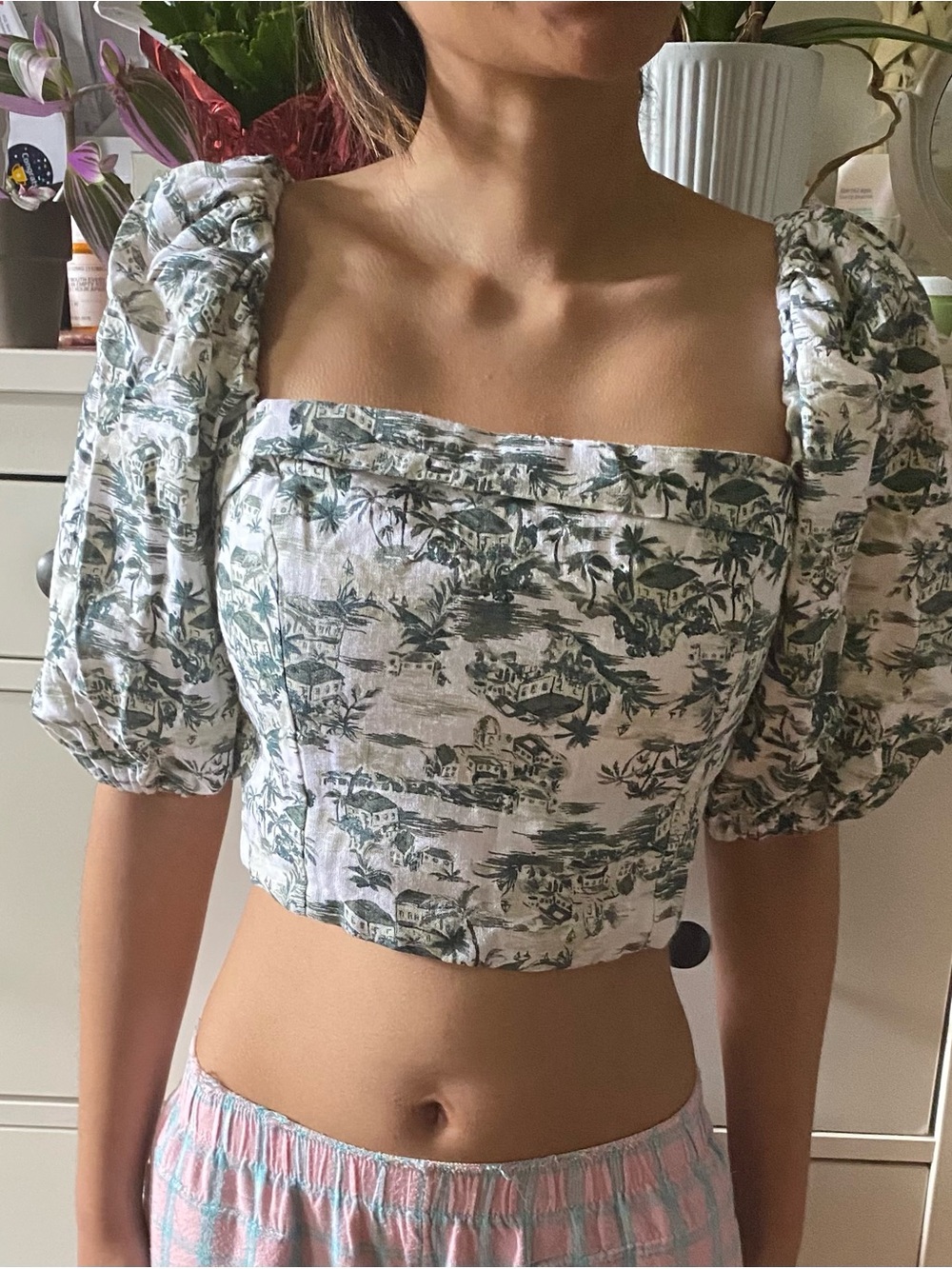 Abercrombie & Fitch Green and White Puff Sleeve Cropped Square Neck Top
